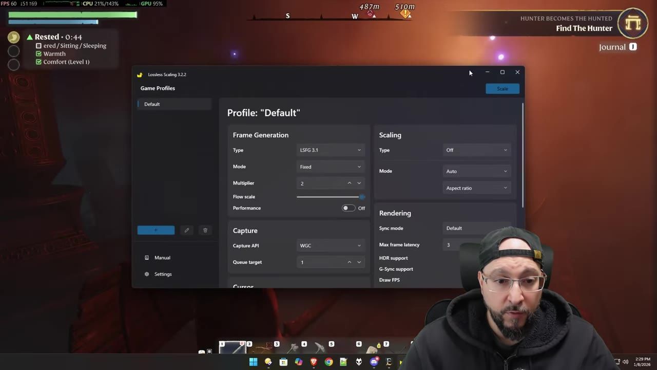 Lossless Scaling tool with LSFG3.1 mode selected in a gameplay overlay.