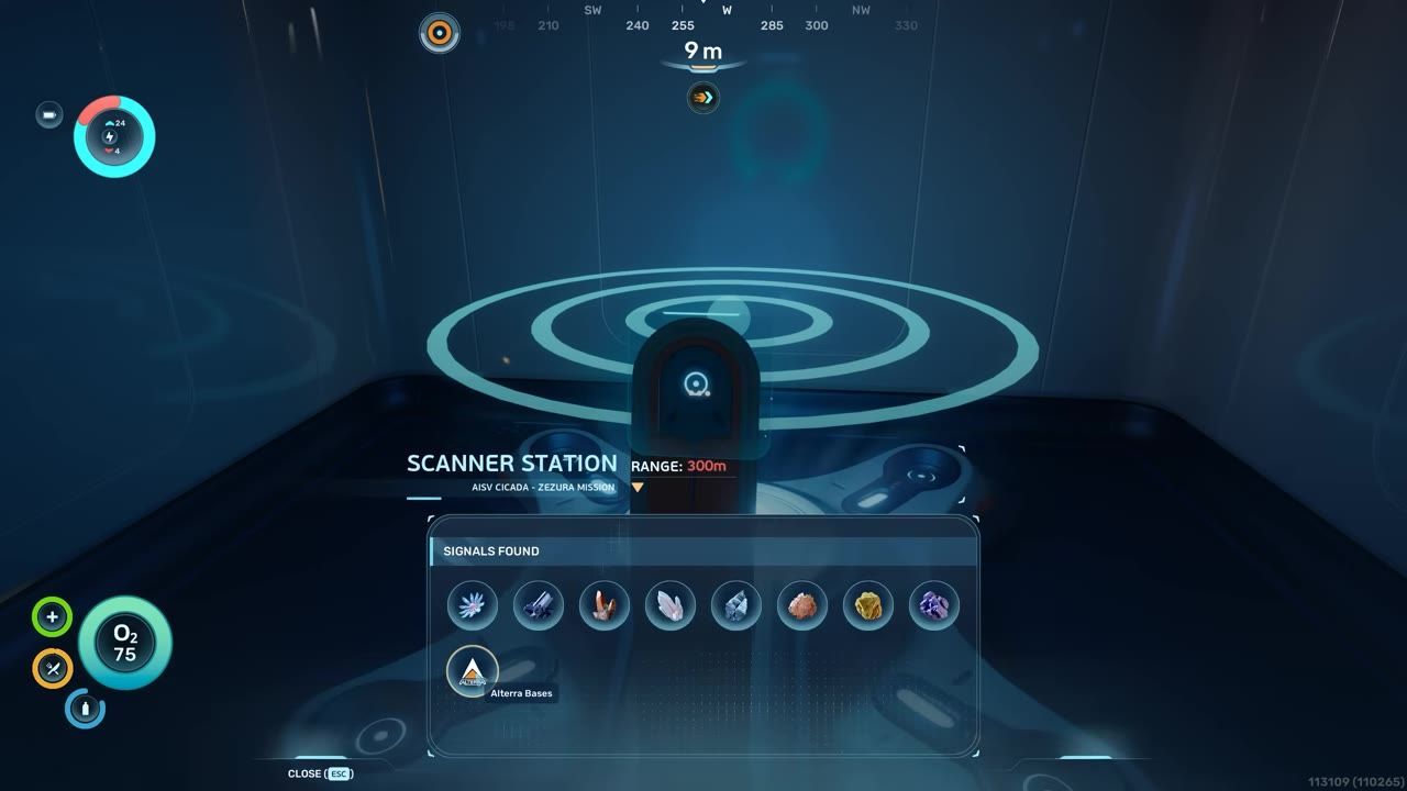 A scanner interface showing signals found and resource locations, with circular scanning overlay.