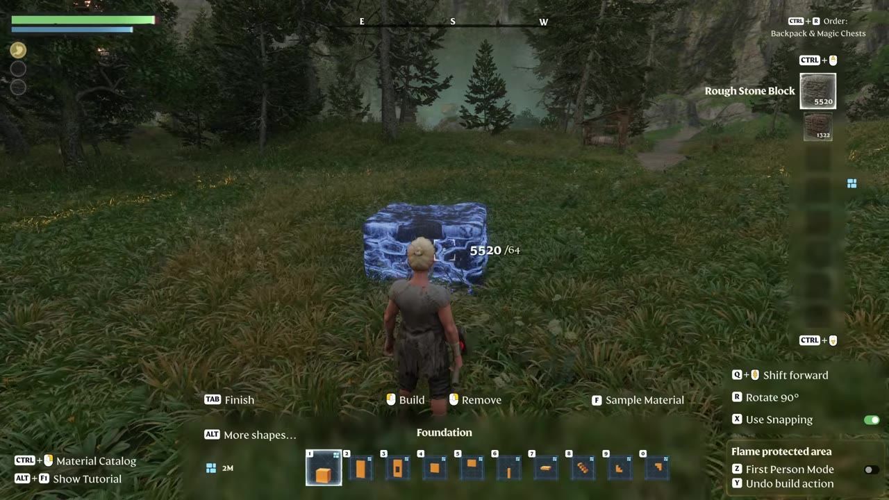 A character stands in front of a glowing magic chest in a grassy area with crafting interface elements visible.