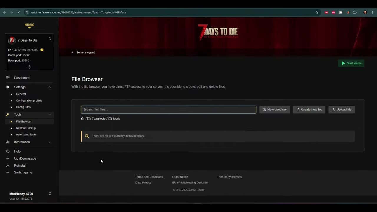 A file browser showing the path '/7daystodie/Mods' with tools for creating, uploading, or modifying files.