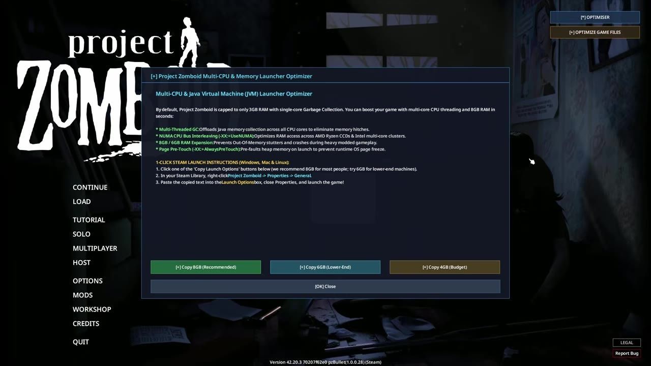 Configuration setup screen for the Project Zomboid Optimizer mod showing settings and options.