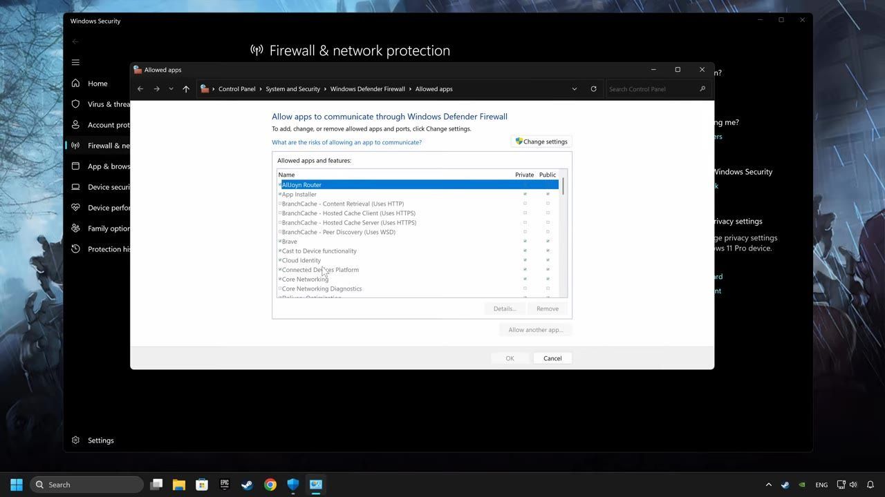Windows Firewall settings showing the allowed apps with private and public network options.