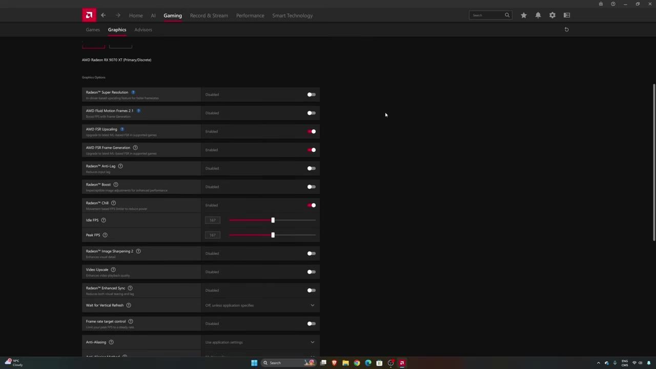 AMD Radeon software settings interface displaying graphics settings options including FSR and Chill.