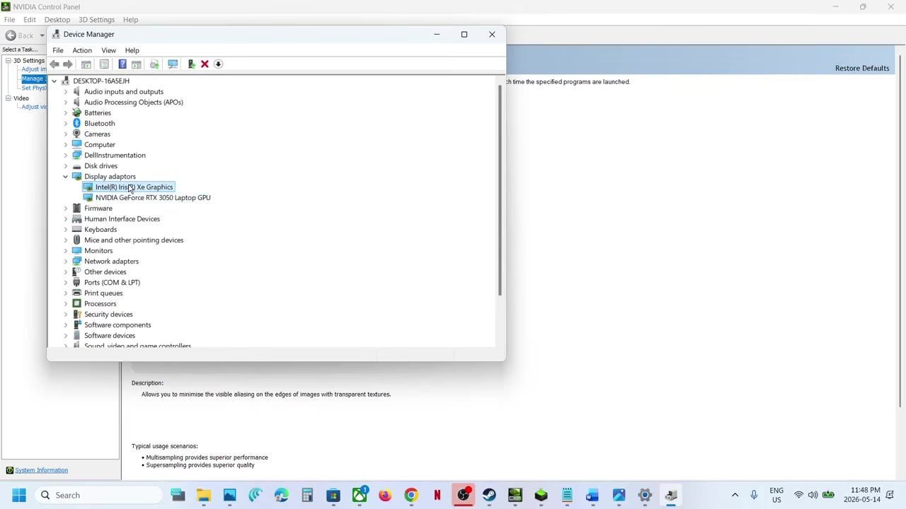 Device Manager window showing Display adapters with Intel(R) Iris(R) Xe Graphics selected.