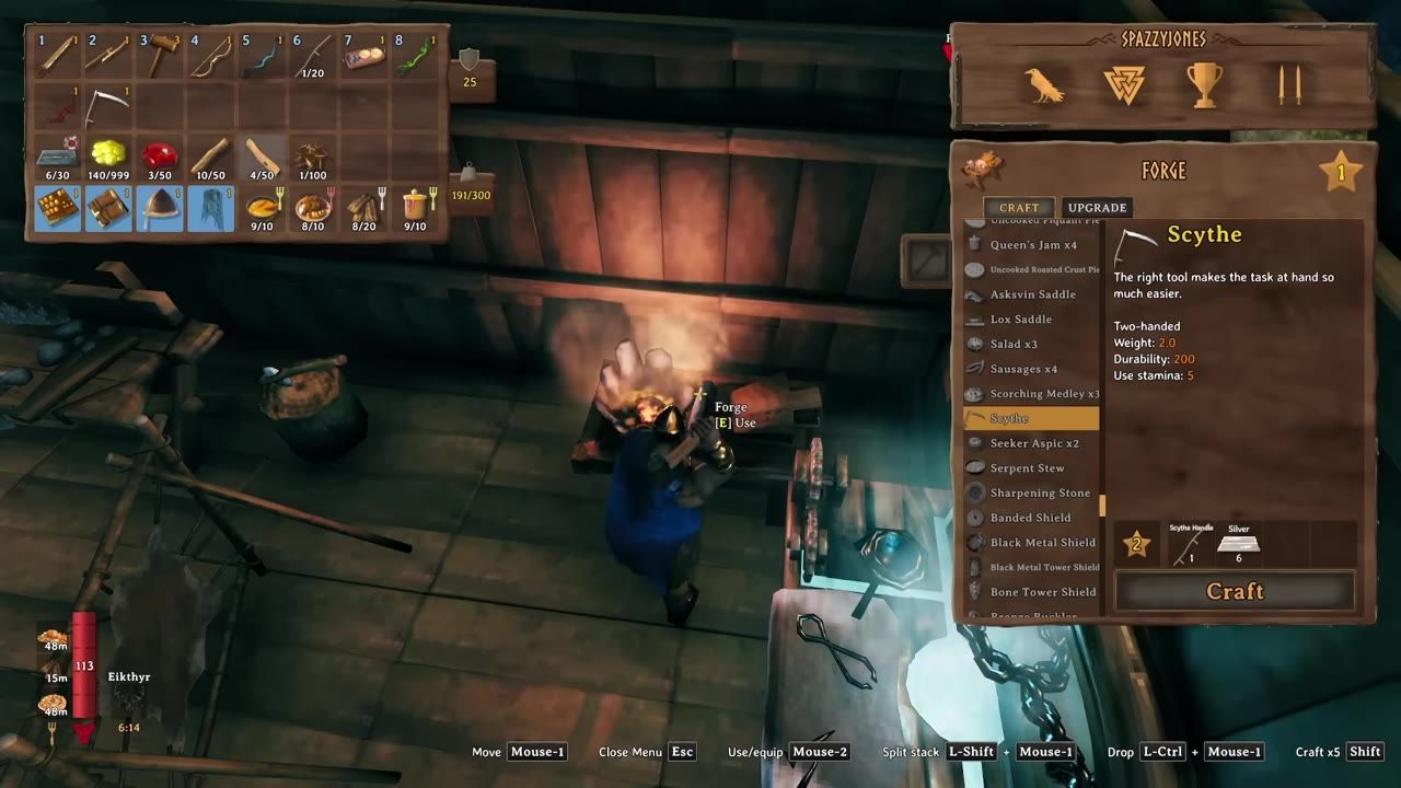 Game interface showing an inventory screen and a crafting menu for making a scythe with material requirements.