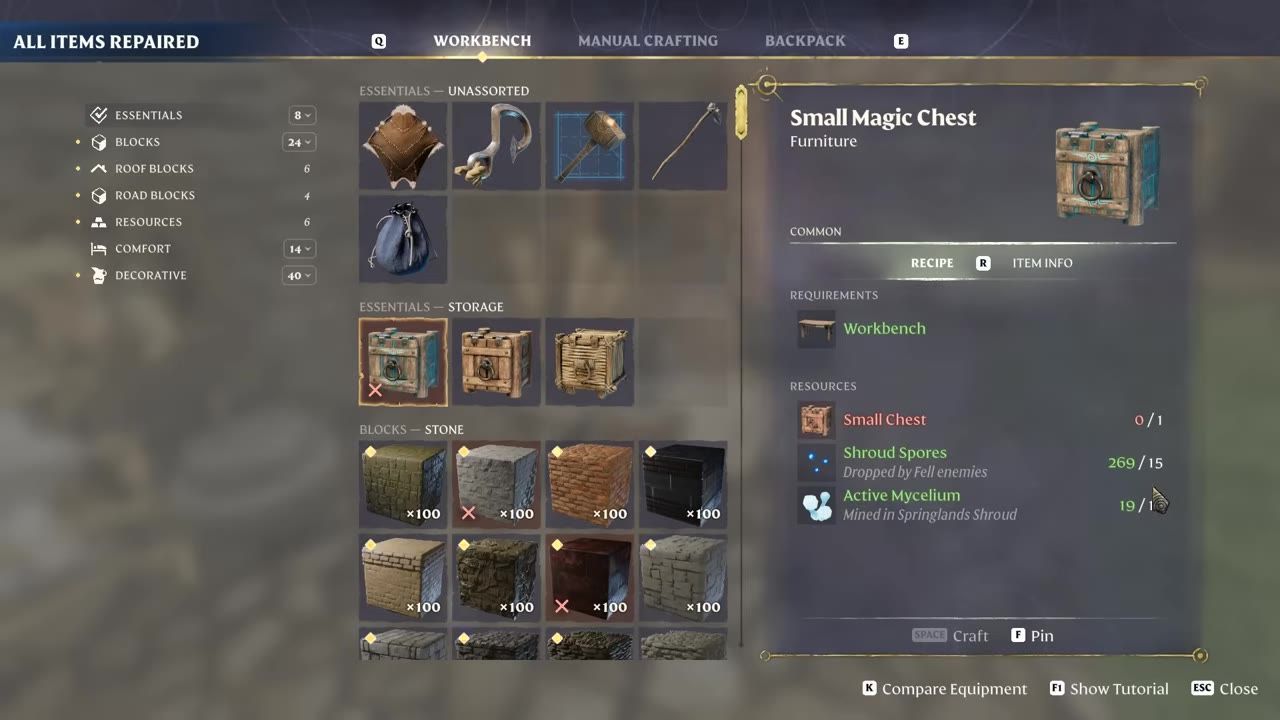 Game interface showing crafting details for a Small Magic Chest including required resources.