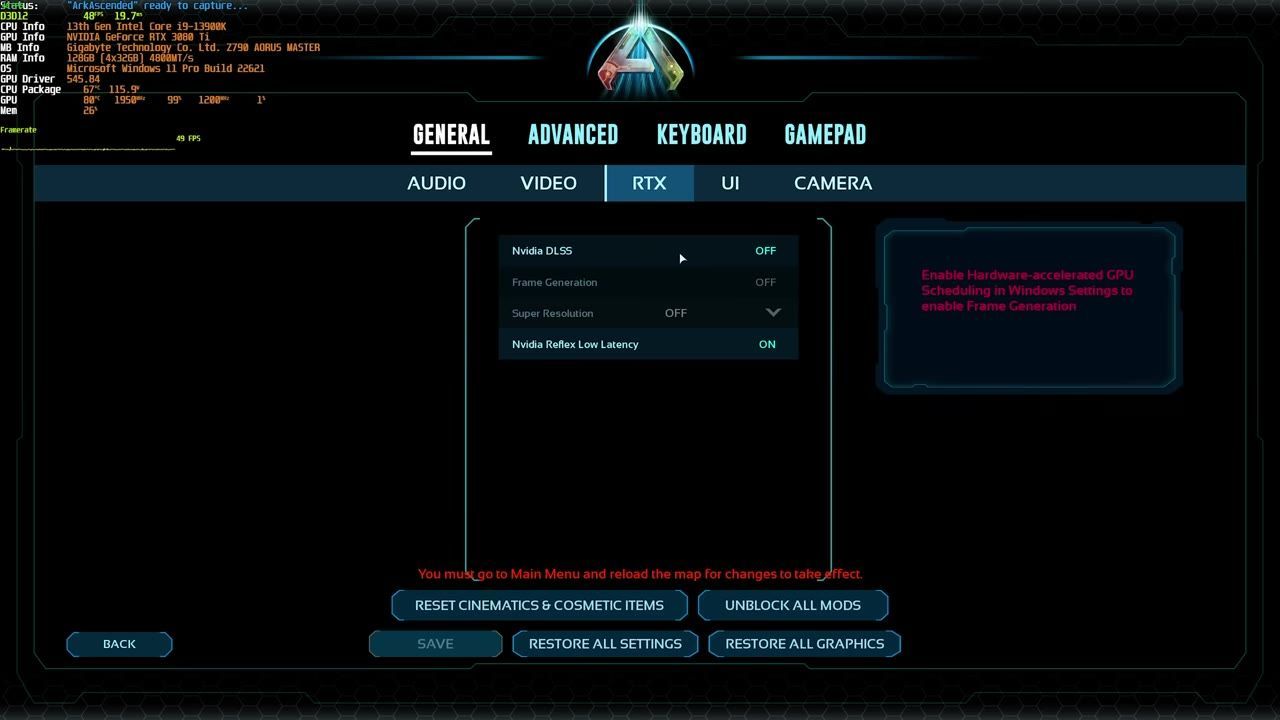 A settings screen displaying options for Nvidia features including DLSS, frame generation, super resolution, and Reflex low latency.