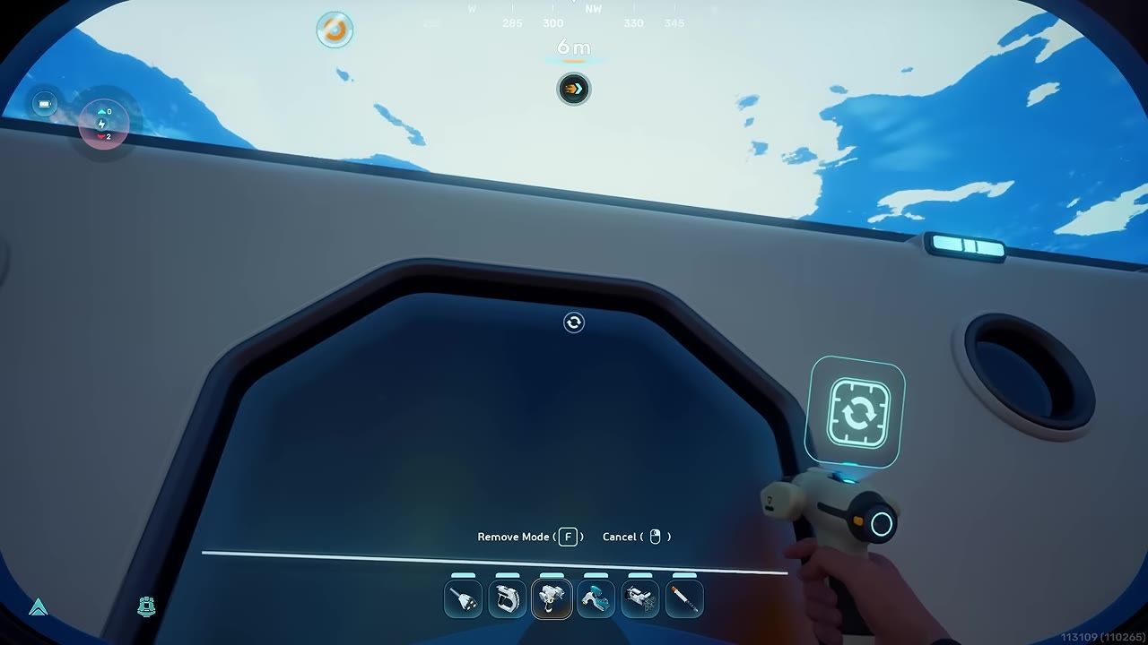 An underwater base wall with a hexagonal decorative window under the sea visible, a hand holding a tool displayed.