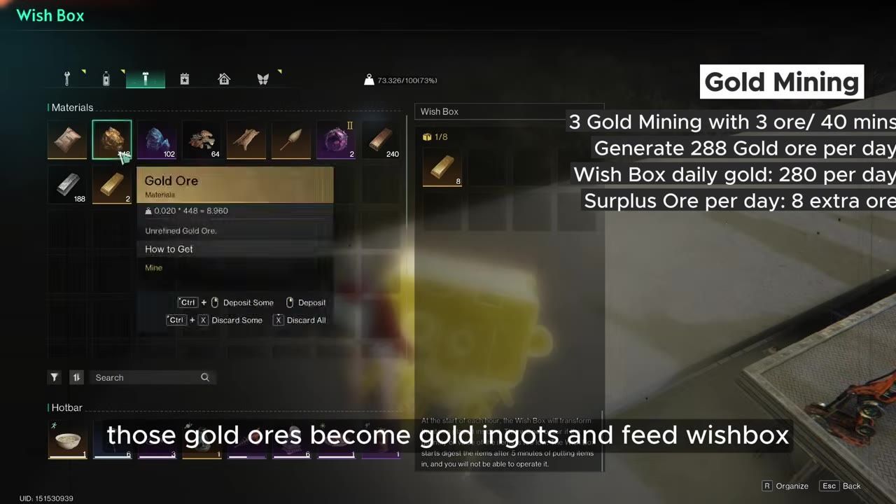 The screen shows the Wish Box interface with materials and outputs for gold mining.