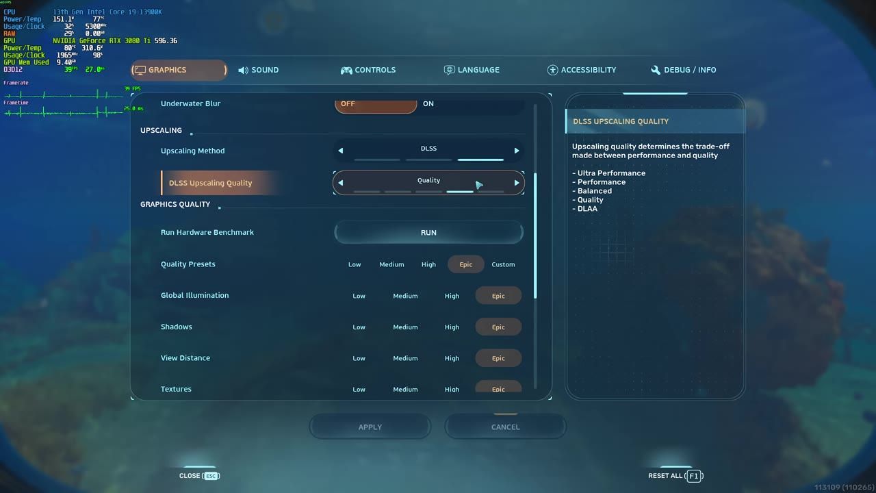 A portion of a video game settings menu, highlighting DLSS upscaling options and quality settings.