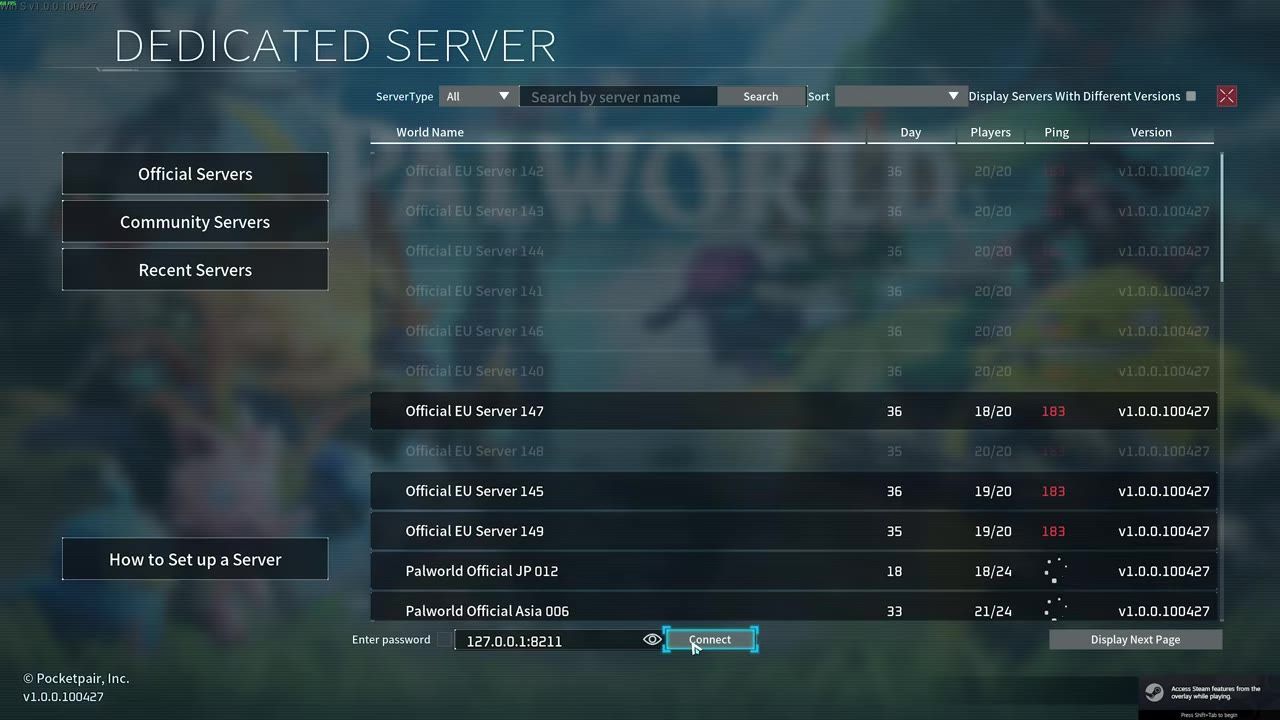 Dedicated server menu in Palworld showing server options and a connect button.