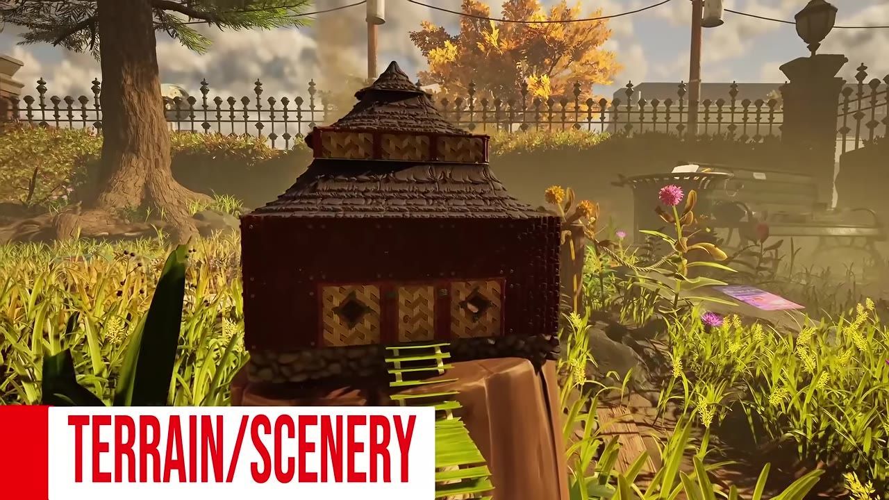 A compact base structure with a sloped roof and walls in a grassy, flat terrain environment.