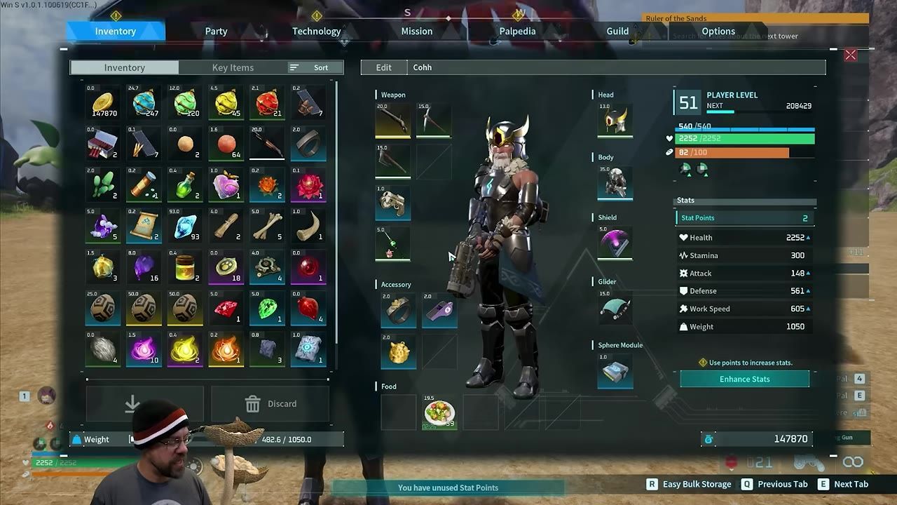 Game screen showing an inventory menu with a character model, equipment, and item list.