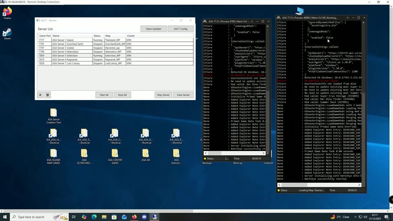 Server startup windows displaying a server loading process and logs on a desktop screen.