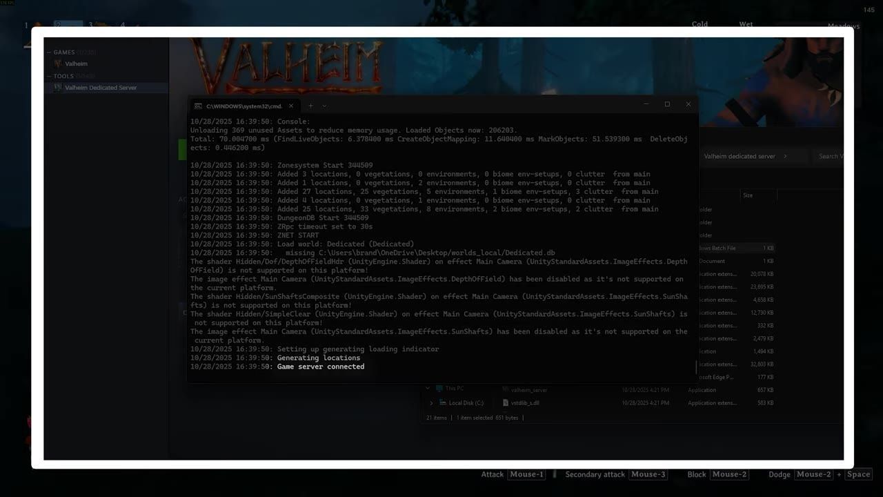A server console window displaying process logs, including the message 'Game server connected'.