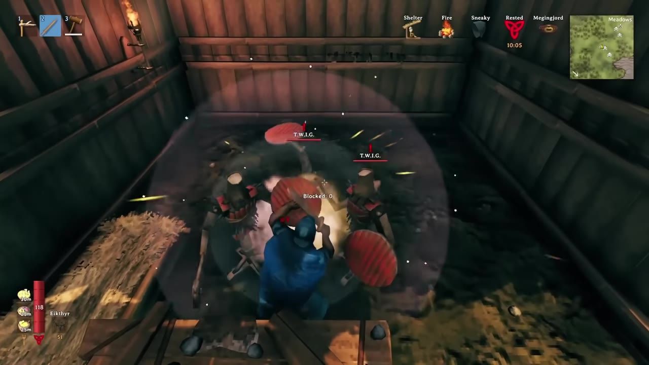 A character holding a shield while blocking attacks from training dummies inside a wooden structure.