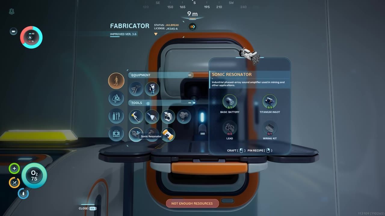 A game interface displays the Fabricator menu, showing item categories and crafting options.