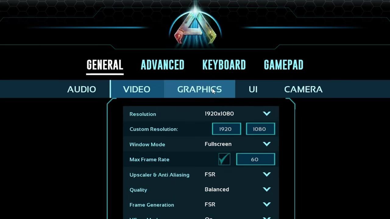 In-game settings menu showing graphics options like resolution, fullscreen mode, and max frame rate.