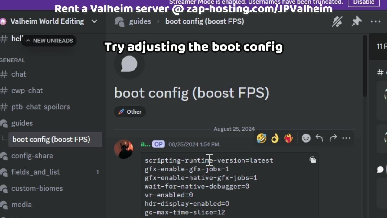 A Discord interface showing a discussion about boot configuration and FPS optimization settings.