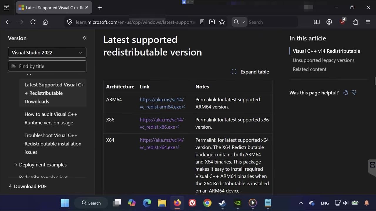 Microsoft Visual C++ Redistributables download page showing available options.