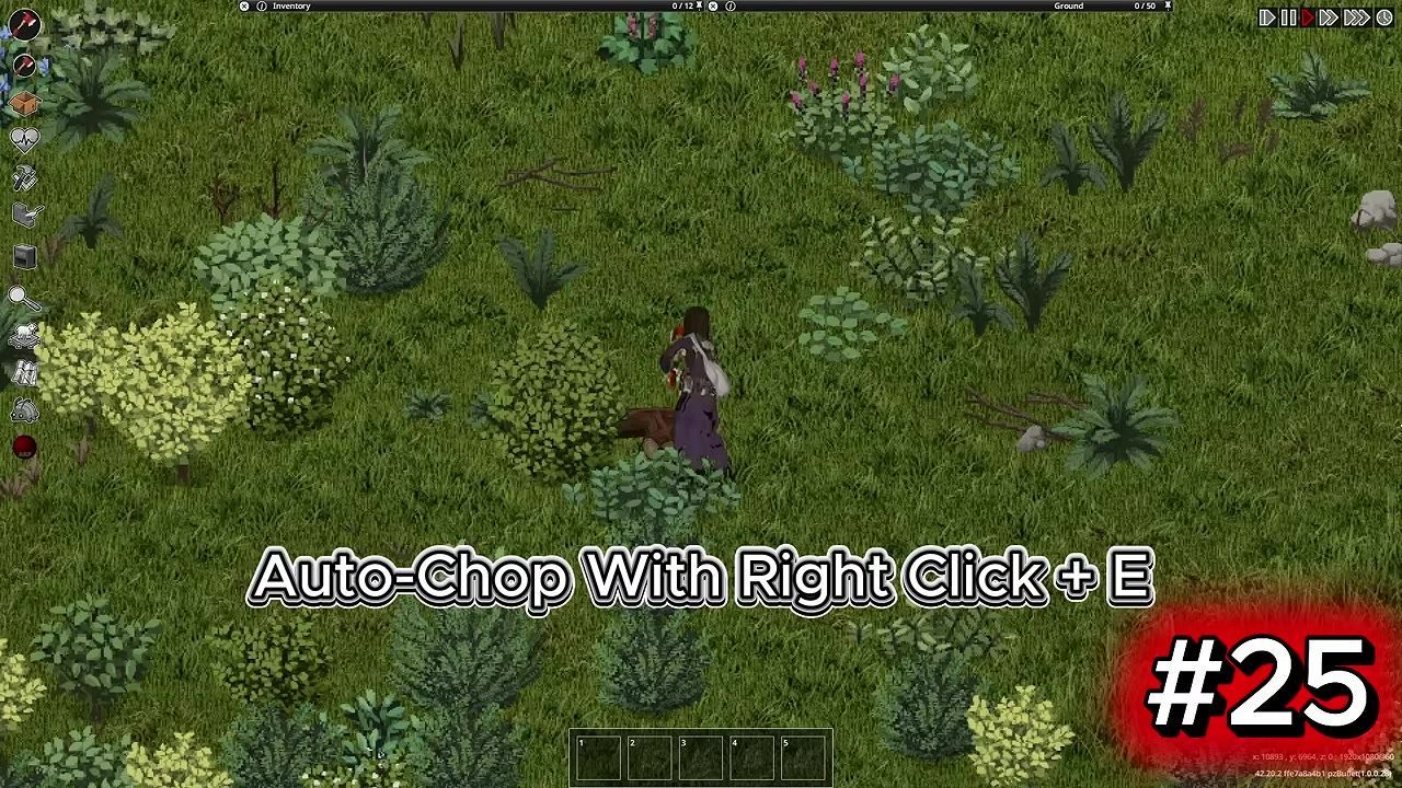 A person in a game using an axe near a tree stump surrounded by vegetation.