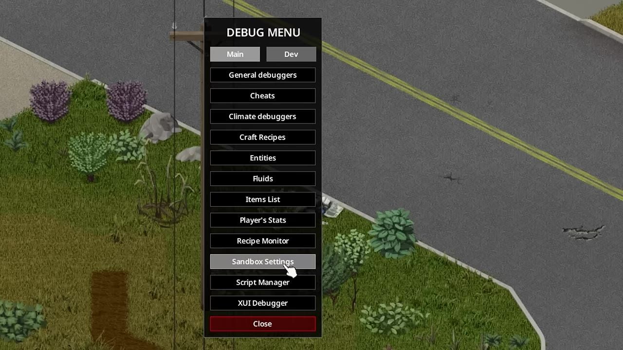 A screenshot of the debug menu displaying various options with 'Sandbox Settings' highlighted.