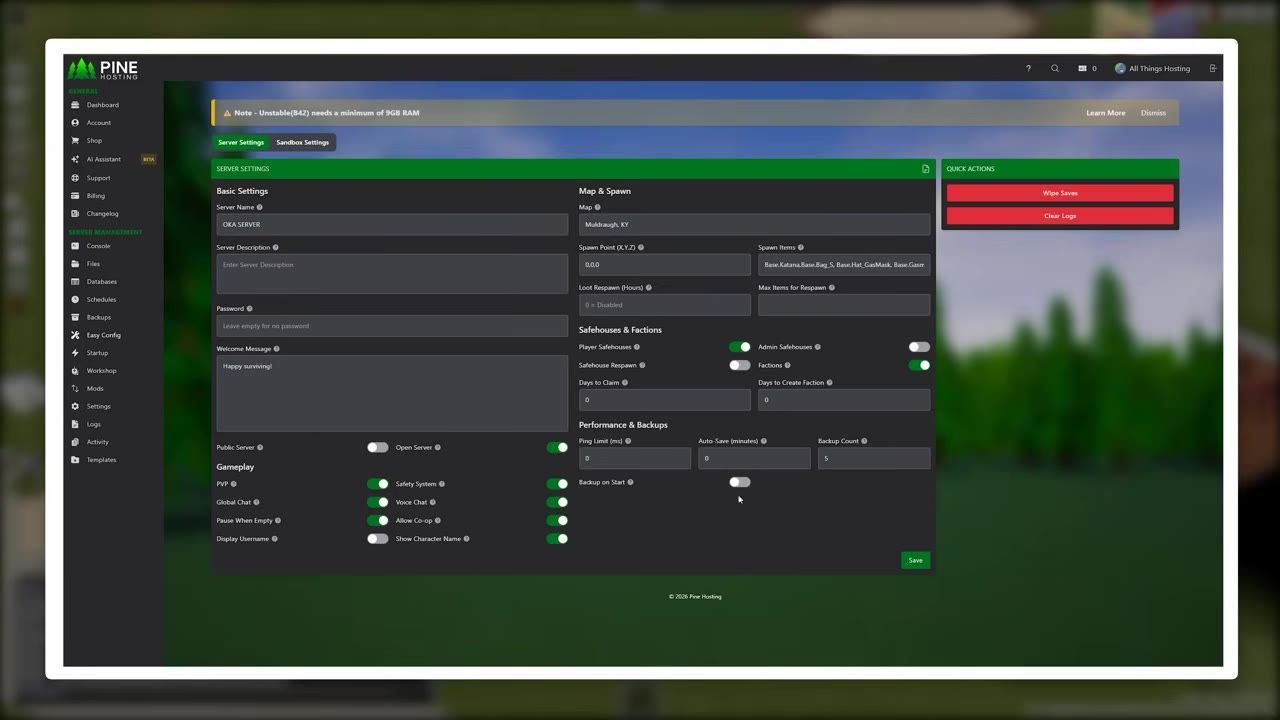 Server setup interface for a Build 42 Project Zomboid instance with options and settings.
