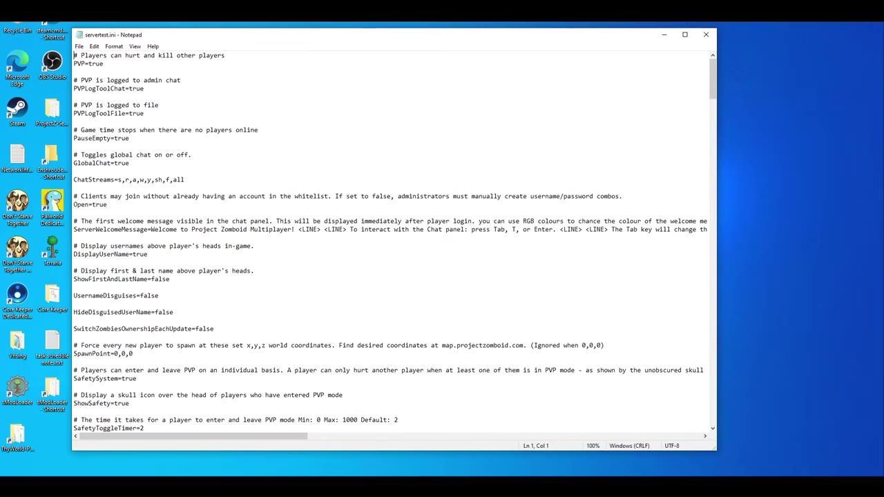 The servertest.ini file is open in Notepad, showing server configuration settings.