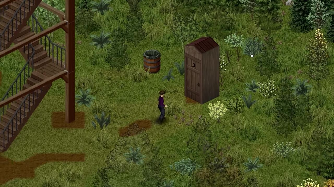 A grassy area with an individual near a wooden structure and a rain collector barrel.