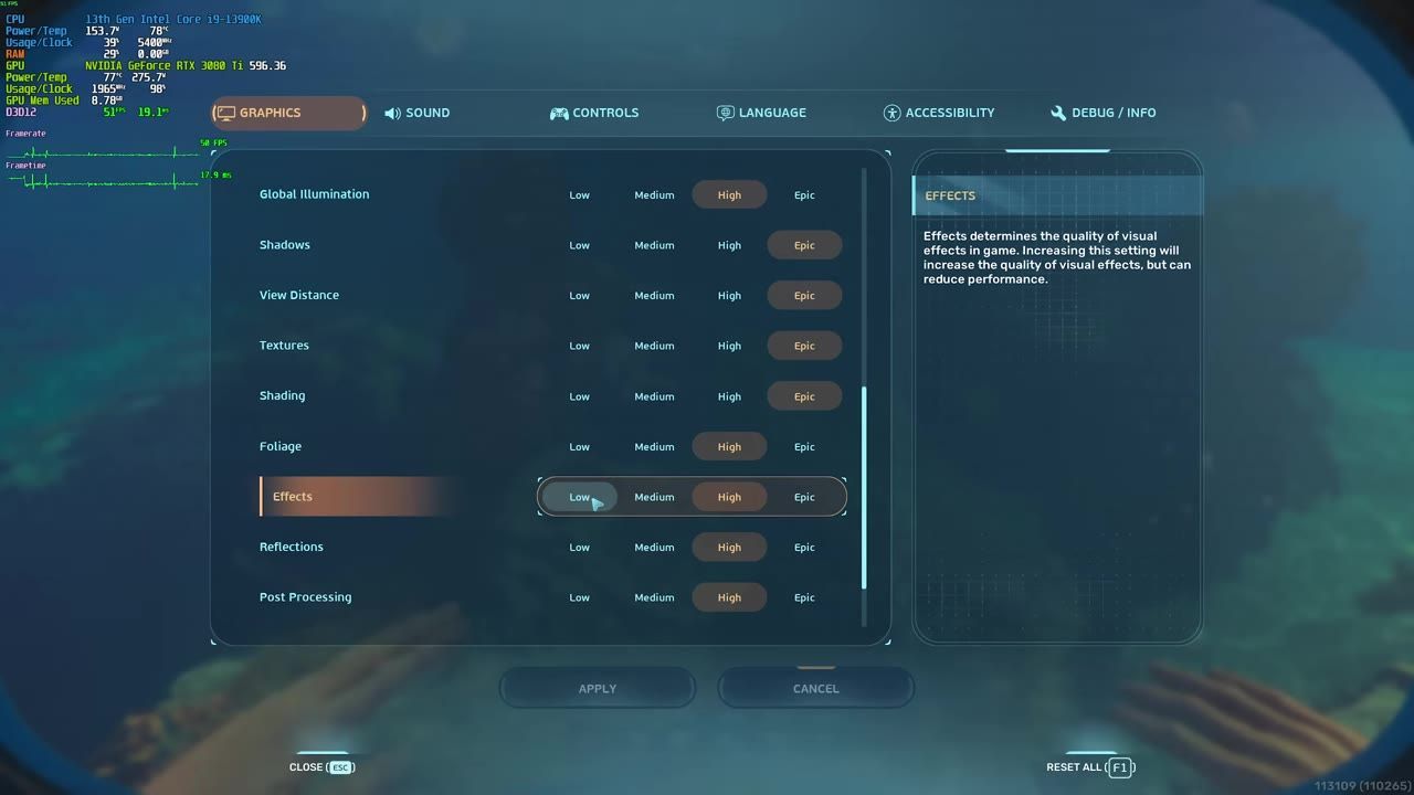 Graphics menu in Subnautica showing adjustable options for Effects settings, including Low, Medium, High, and Epic.
