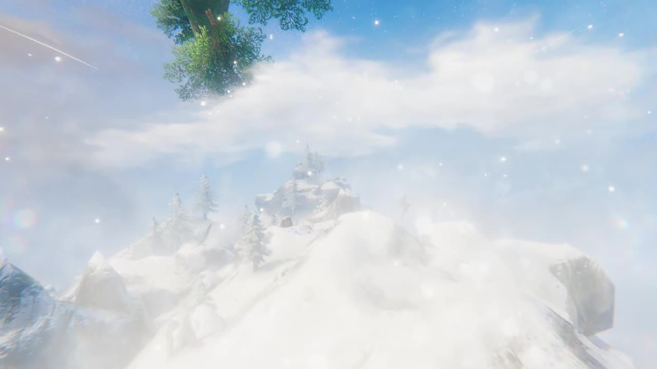 A snowy mountain scene with white slopes, conifer trees, and a bright sky.
