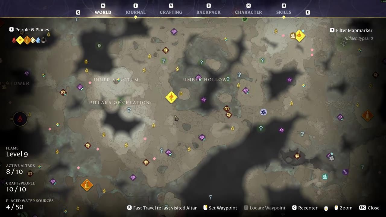 Map view of the game showing various marked points including flame altars, travel points, and other icons.