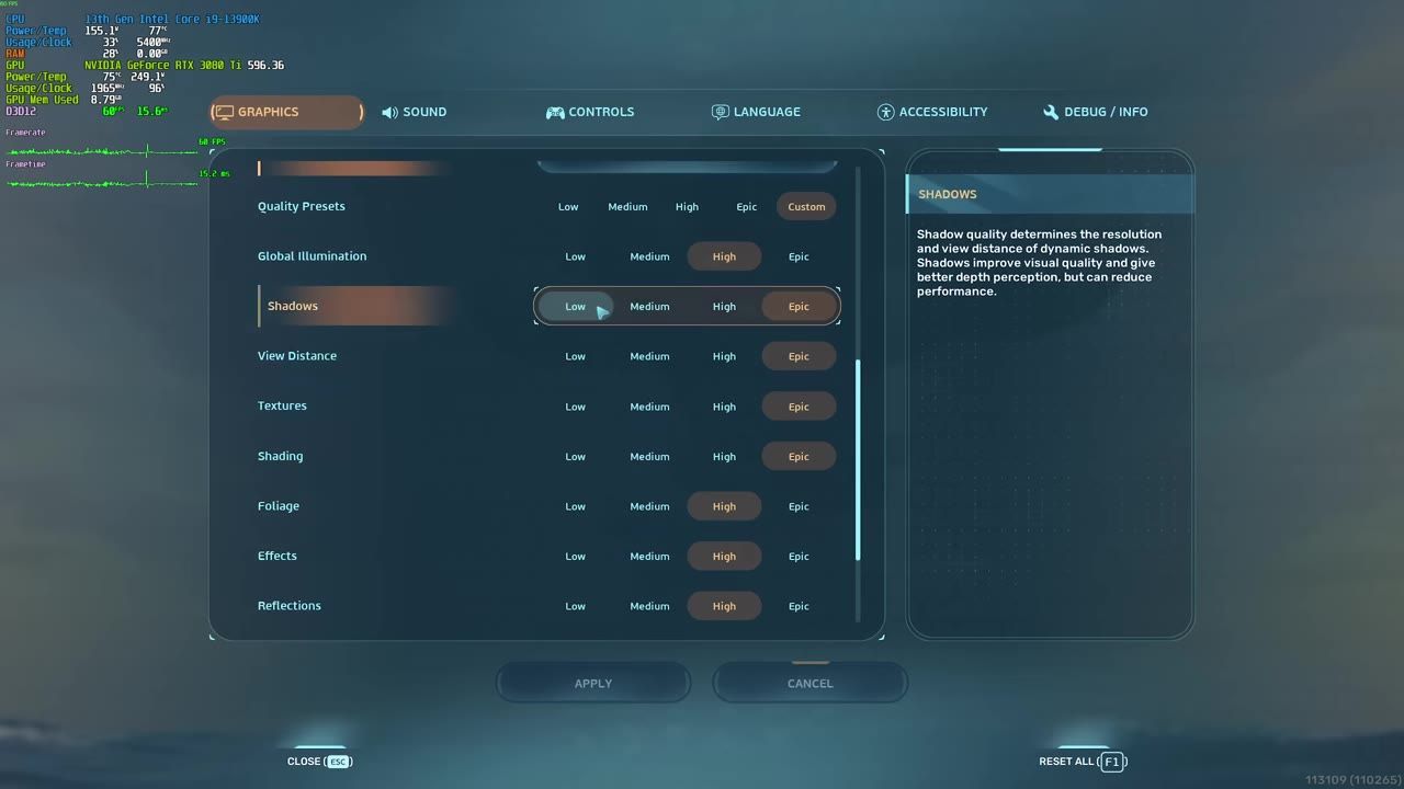 Game settings menu screen with graphics options shown.