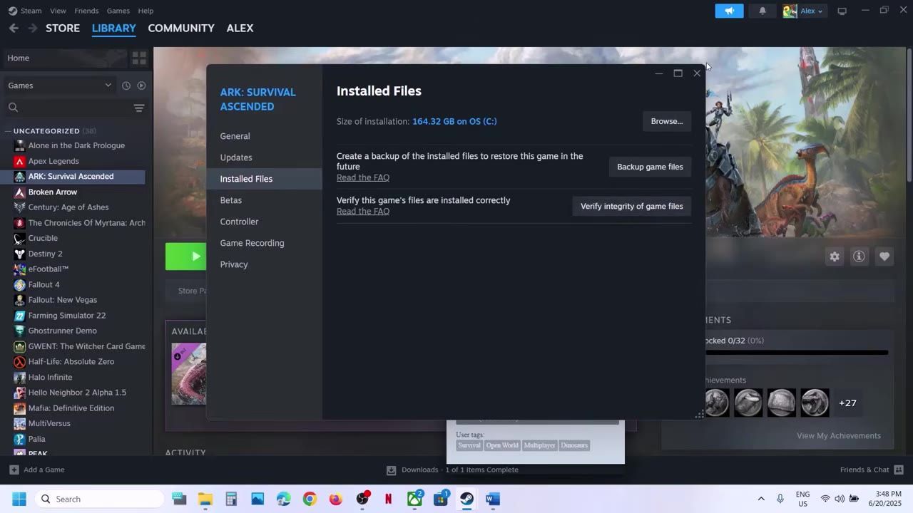 Steam interface displaying game file properties with file verification options for ARK: Survival Ascended.