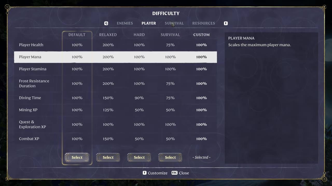 Gameplay difficulty settings screen showing various adjustable parameters.