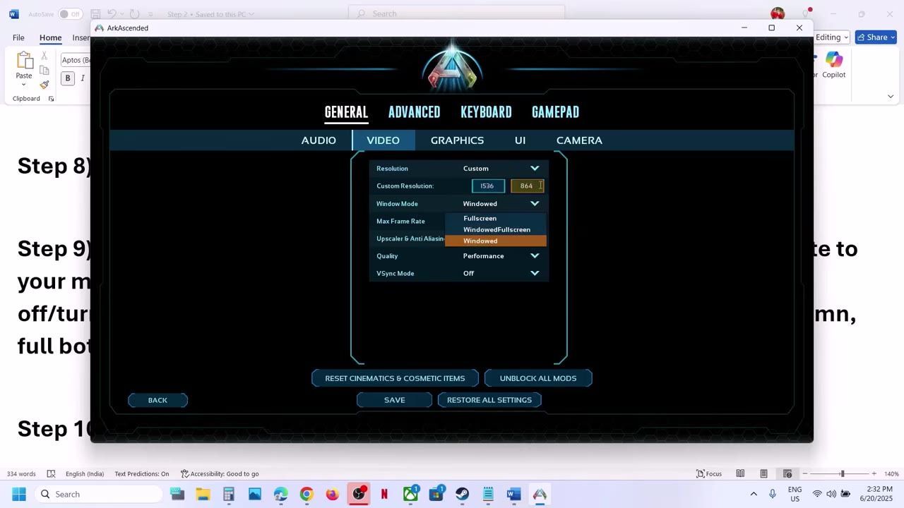 The graphics settings menu in ARK game showing options for resolution and window mode.