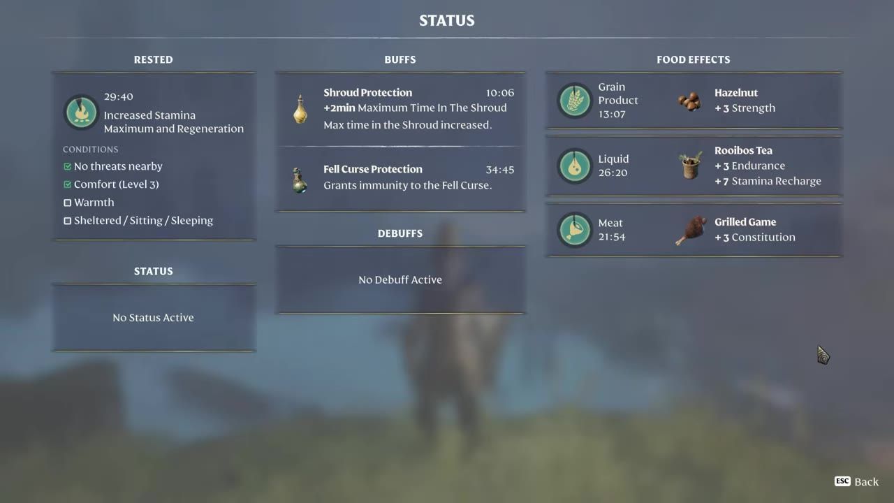 Game menu showing status effects, buffs, debuffs, and active food effect bonuses including hazelnuts and rooibos tea.