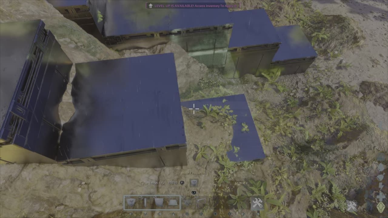 A metal platform bridging a gap between cliffs in a game environment.