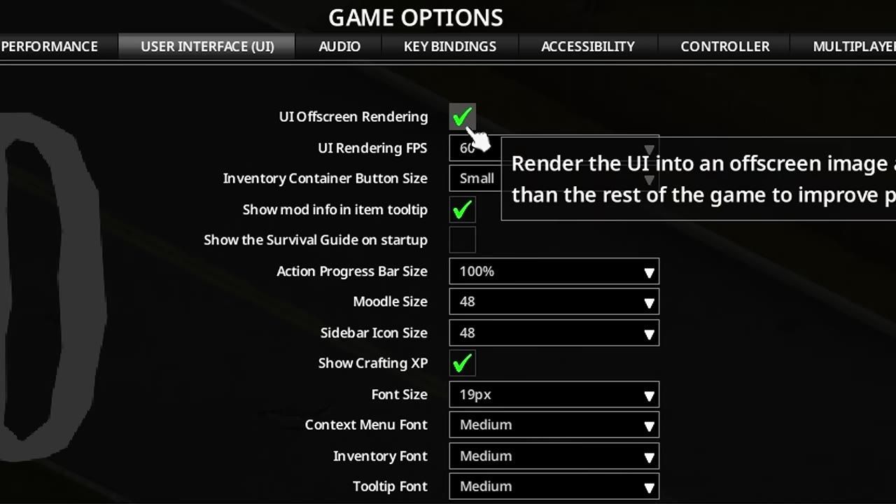 The Project Zomboid user interface options menu highlighting settings for UI rendering FPS.