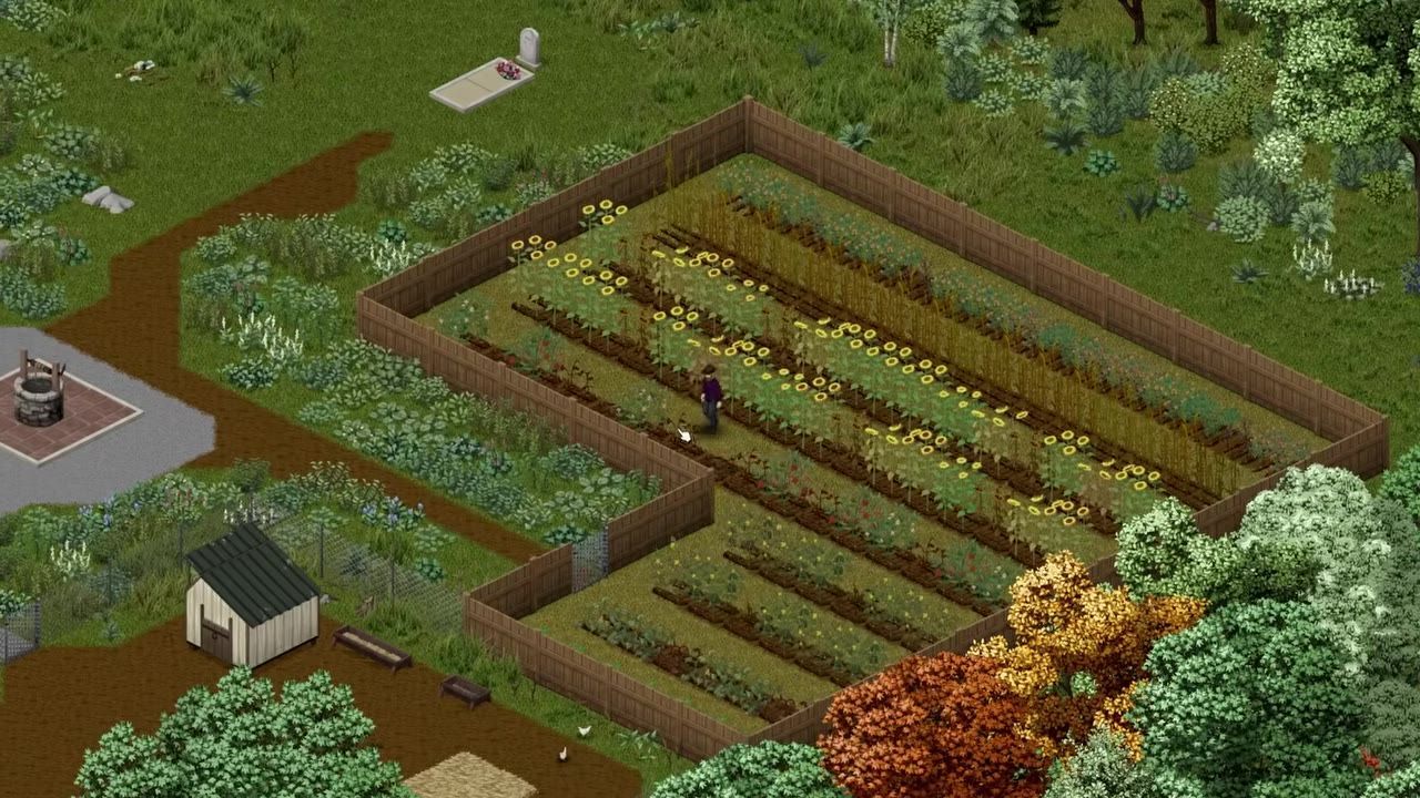 A farm with several plots of crops, some appearing ready for harvest while a character works within the fenced area.
