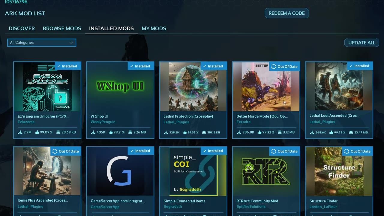 A screen showing mod management interface with installed mods listed.