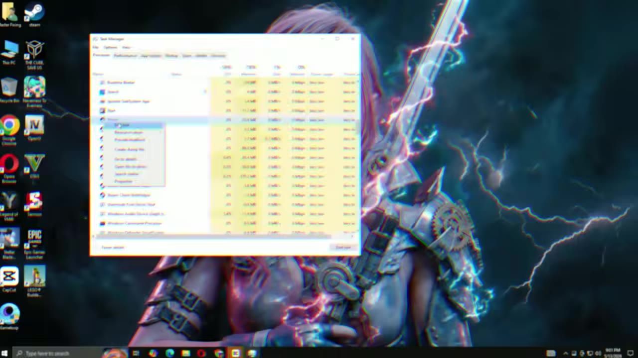 Computer screen showing Task Manager with Steam highlighted, set against a customized wallpaper.