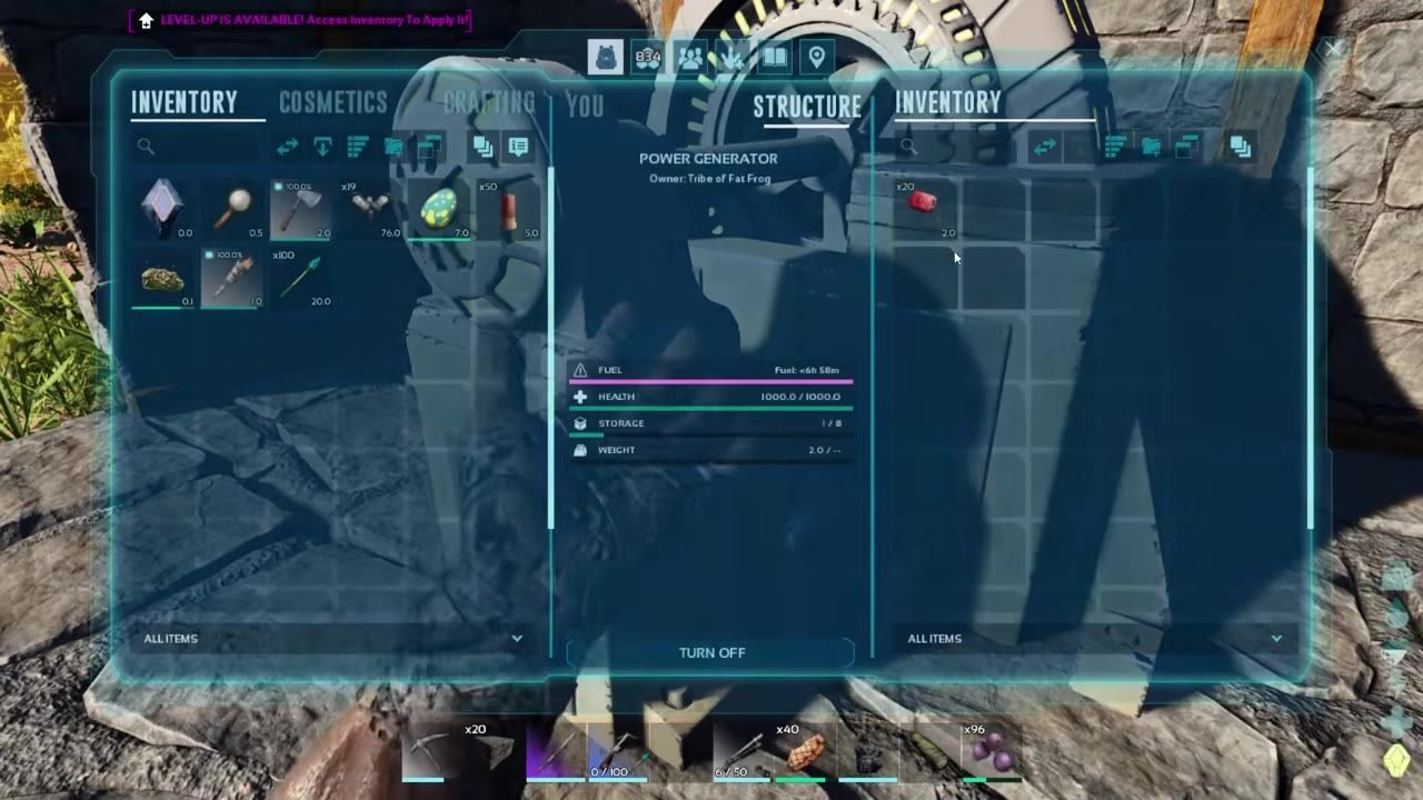 Screen showing the inventory window of a power generator in ARK: Survival Evolved, including fuel quantity and runtime estimate.