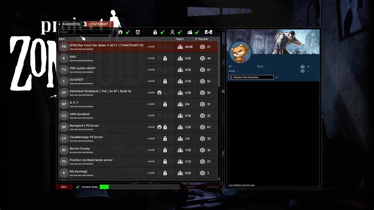 Multiplayer server browser in Project Zomboid showing various active servers with statistics.