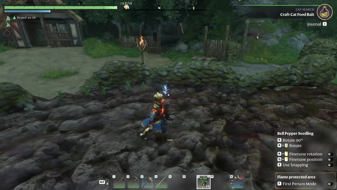 A character near a seedbed in a game environment with seedlings planted and interaction options visible.