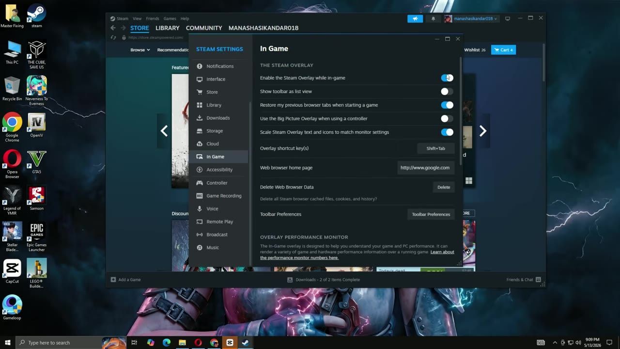 Steam settings window open in the 'In-Game' section showing options related to Steam overlay settings.