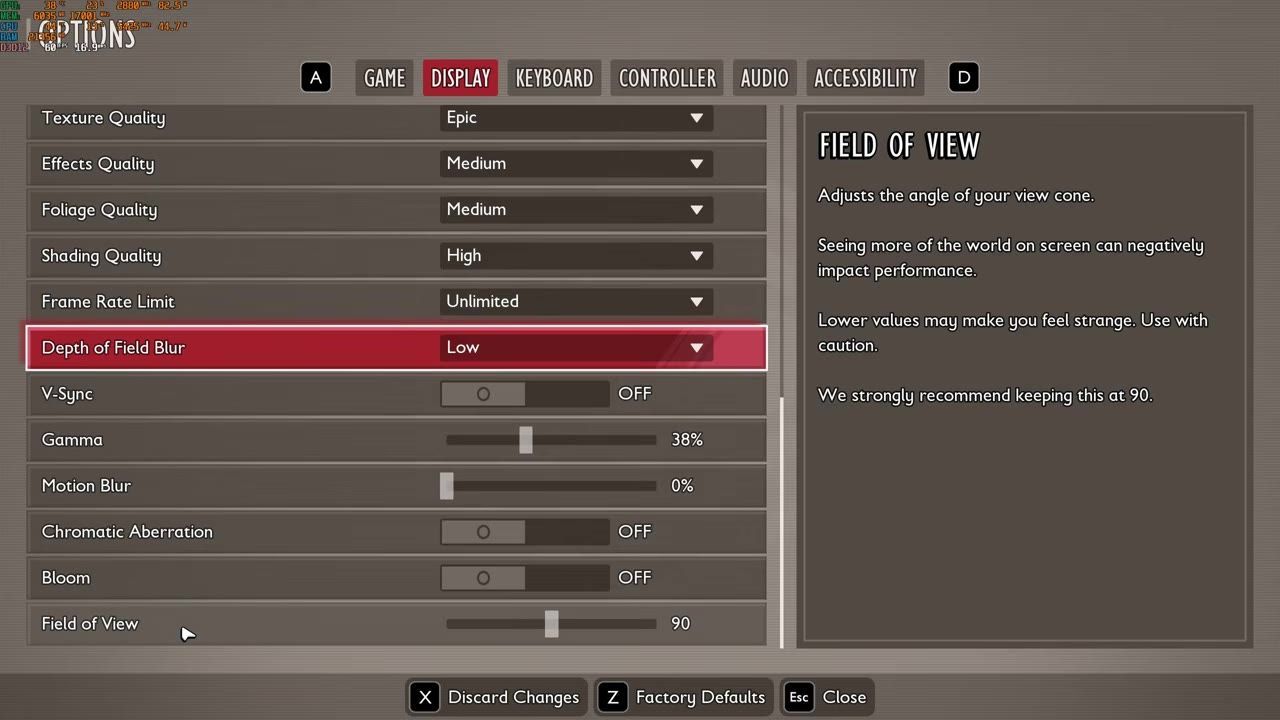 Graphics settings menu showing field of view settings and other visual customization options.